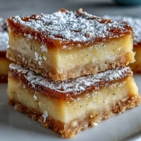 Golden-brown Earl Grey, Guava, and Lemon Bars dusted with powdered sugar are cut into squares on a wooden board, ready to serve.