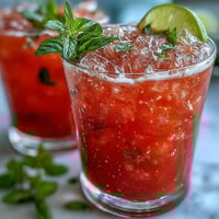 Chilled glass of Guava Nectar Drink filled with ice, garnished with a fresh lime wedge.