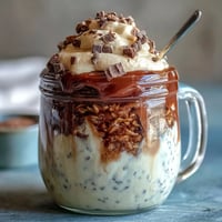 Creamy vanilla bean overnight oats layered with chilled espresso in a mason jar, topped with whipped cream and chocolate chips for a frappuccino-inspired breakfast.