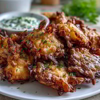 Crispy dandelion fritters with herb dipping sauce, golden and delicate, served on a rustic platter.  