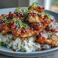 Slow cooker honey garlic chicken thighs with savory sauce served over fluffy rice and garnished with green onions.  