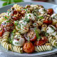 Caprese pasta salad with fresh basil, juicy tomatoes, and creamy mozzarella in a vibrant summer dish.