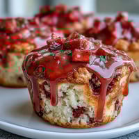 Golden strawberry lemon muffins with fresh fruit chunks and glossy lemon glaze, perfect for a bright spring breakfast or brunch.