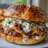 Juicy Smoked Pulled Chicken Sandwiches piled high, drizzled with creamy white BBQ sauce.