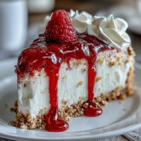 Creamy no-bake cheesecake with vibrant raspberry coulis, perfect for Mother's Day.