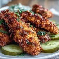 Golden pickle brine chicken tenders, perfectly crispy and ready for dipping.