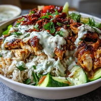 Middle Eastern Shawarma Bowl, a flavorful meal with tender chicken and creamy tahini sauce.