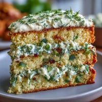 Savory Pickle Cake with dill frosting, surprisingly delicious layered appetizer.